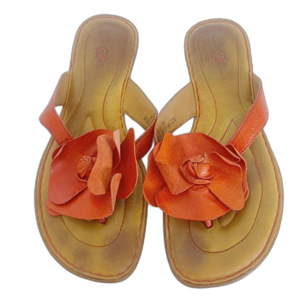 Born Crown Women's Orange Flower Leather Flip Flops Sandals Thongs Size 8
